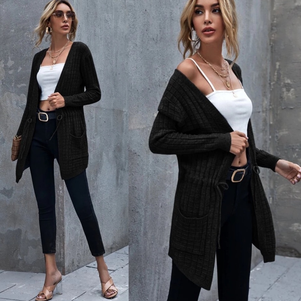 Waffle Knit Cardigan Sweater Jacket Gray Pockets - Picture 3 of 3